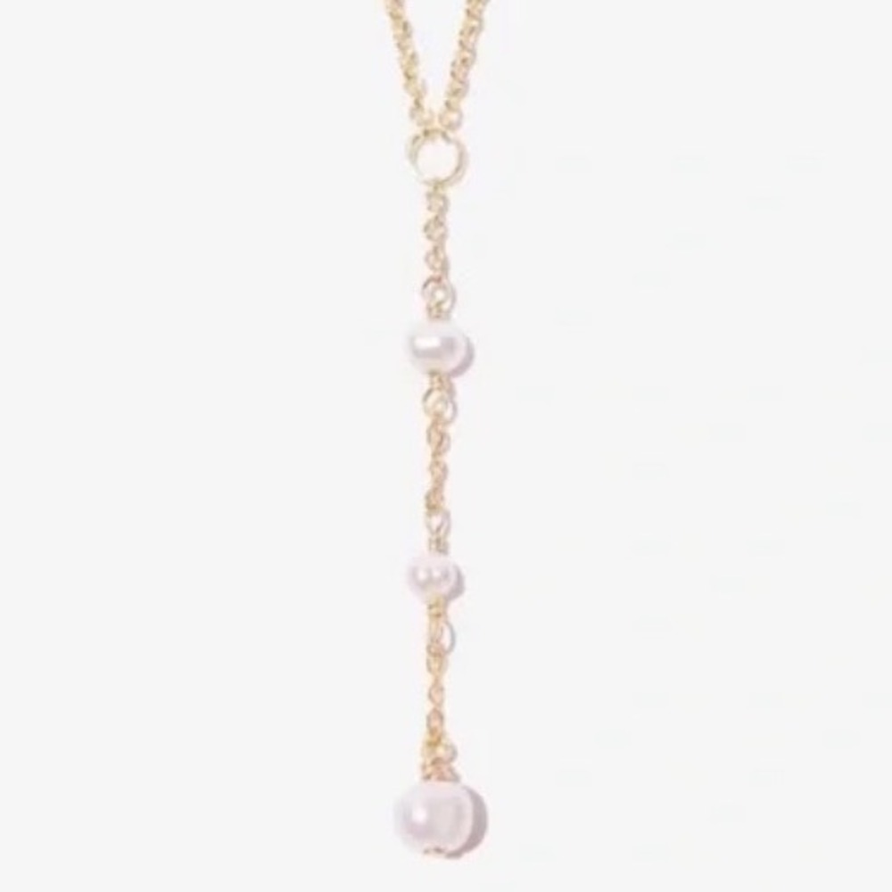 New BYCHARI Evelyn Coco Lariat Necklace Gold Plated Brass Freshwater Pearl Drop